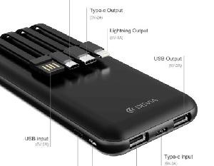 POWER BANK KINTONE V2 10000 MAH CON 4 CAVI M-L-C (DEPKC10K484B) NERO